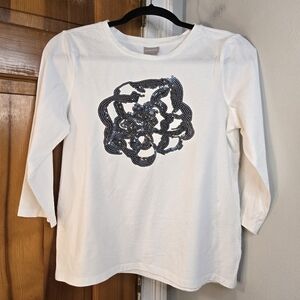 Chico's White 3/4 Sleeve Tee with Black Sequin Flower Sz Small